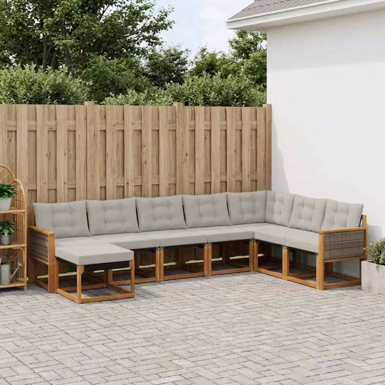 vidaXL Set di divani da esterno a L composto da 8 pezzi in legno di acacia con cuscini, colore beige e grigio chiaro