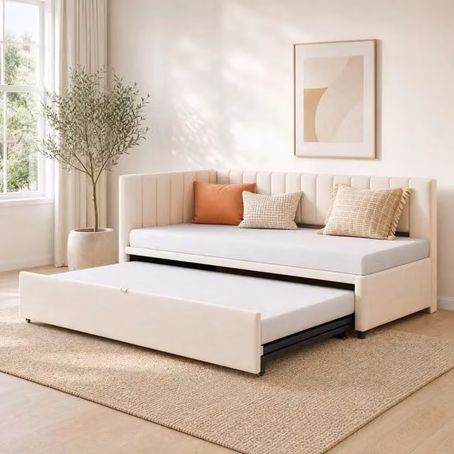 Divano letto 90x200 cm beige rivestimento imbottito con letto estraibile a L