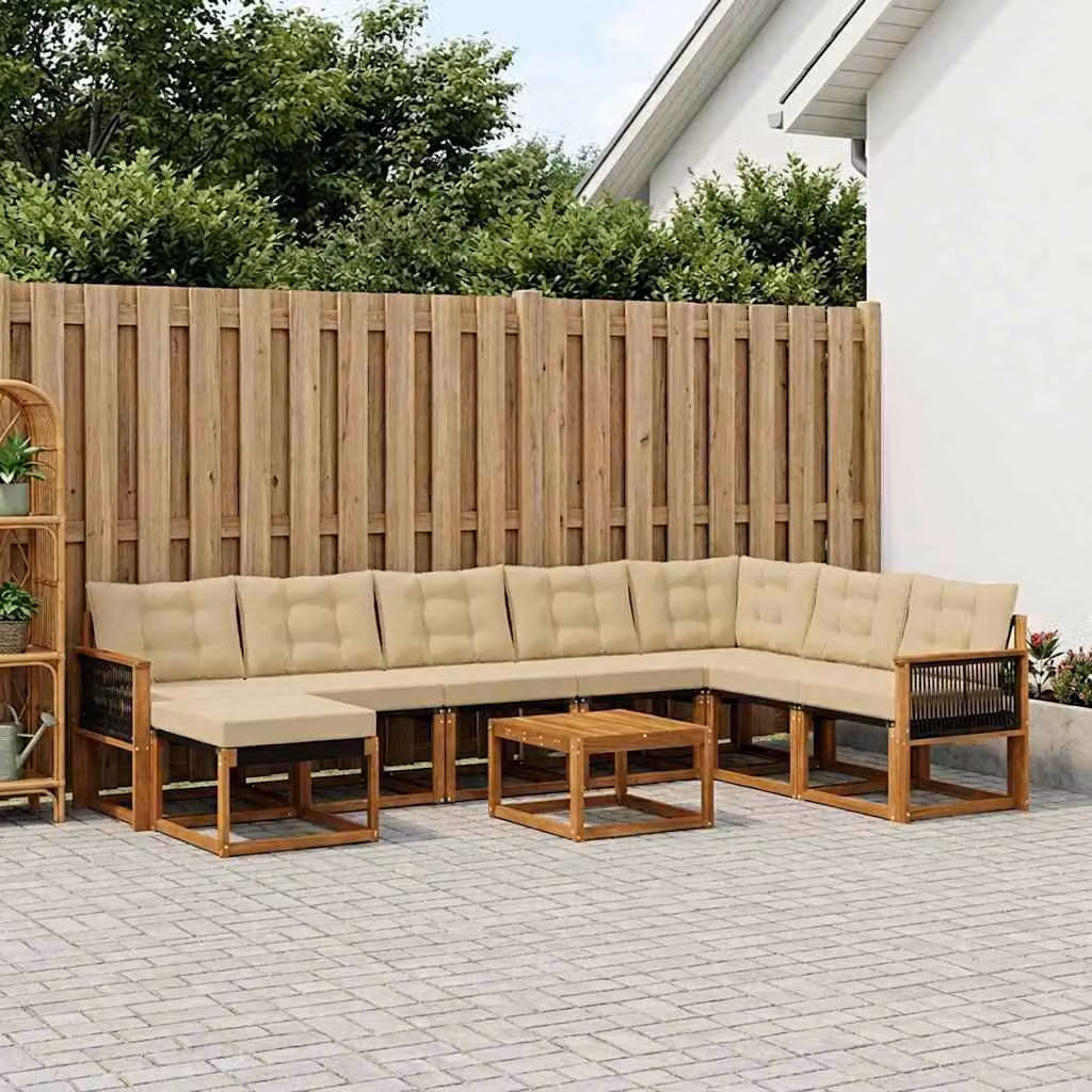 vidaXL Set di divani da esterno a L composto da 9 pezzi in legno di acacia con cuscini beige e marrone