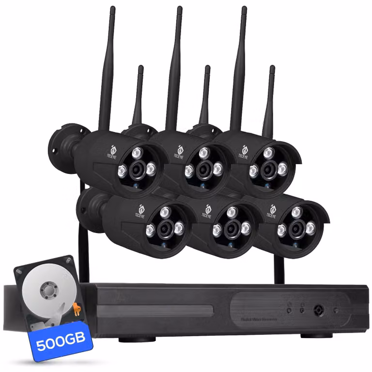 Kit di telecamere di sicurezza per esterni - 6 telecamere da 3MP - HDD da 500 GB - Wireless WiFi - Visione notturna