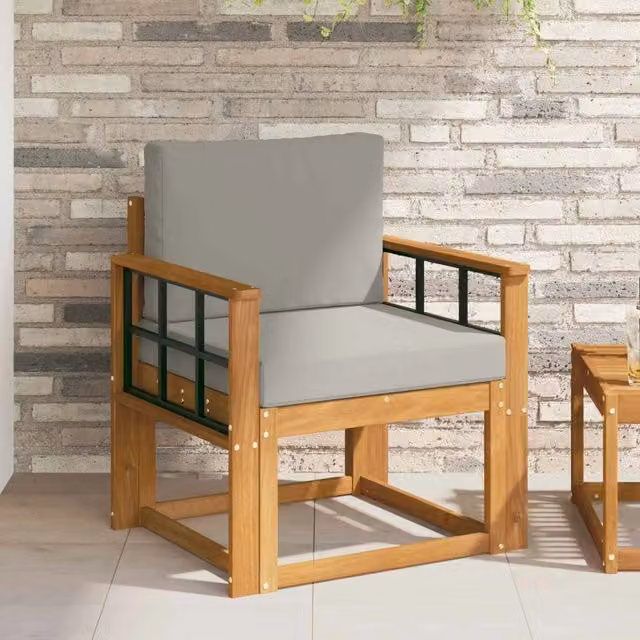 Divano da esterno moderno in legno di acacia massello e tessuto grigio per giardino e terrazza