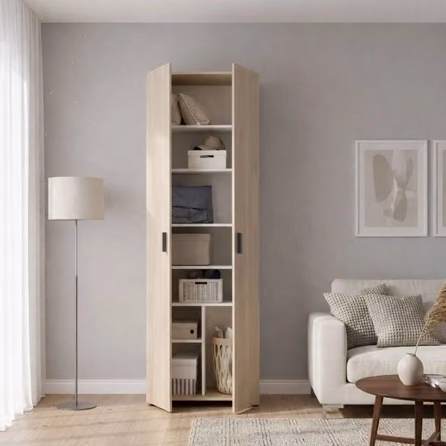 Armadio a muro multifunzione DMORA con 2 ante e ripiani aperti, colore rovere beige, L: 61 cm, P: 35 cm, H: 190 cm