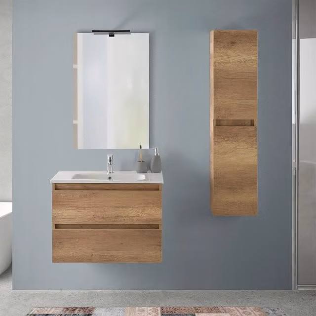 Mobile bagno sospeso Nadia INBAGNO rovere naturale con pensile H 125 cm e base L 70 cm x P 46 cm