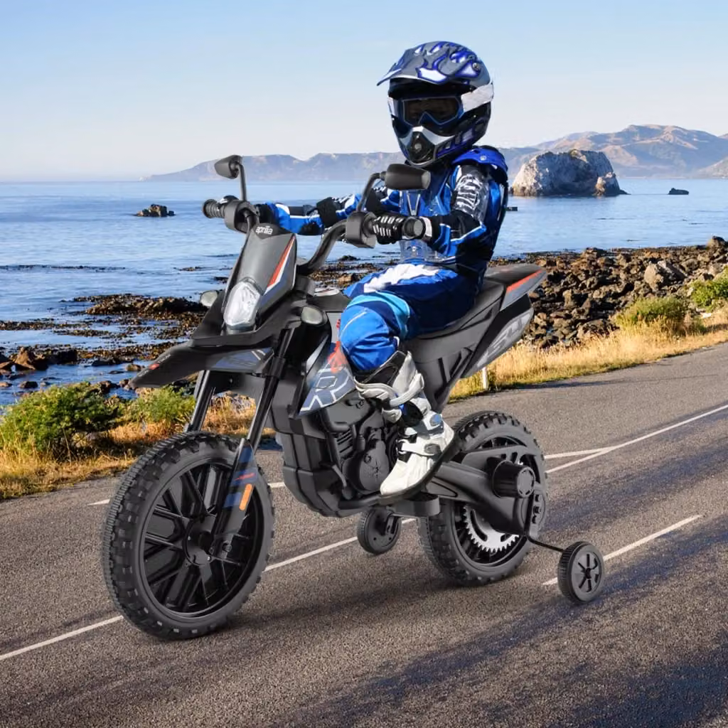 Moto elettrica Aprilia per bambini con 2 ruote aggiuntive, 12V, musica e luci, colore Blu – 2