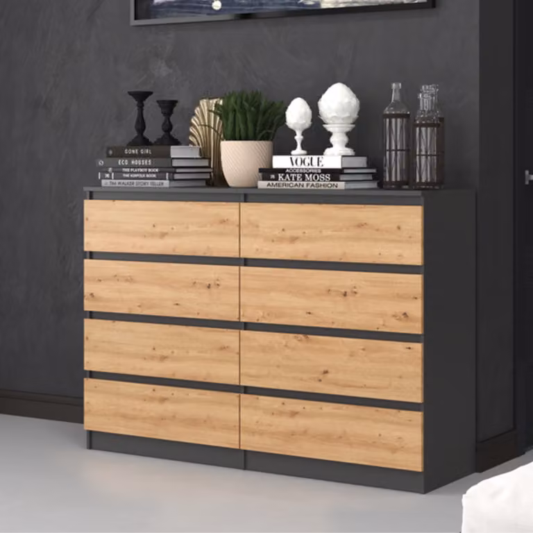 Comodino, mobile per camera da letto o ingresso, armadio, credenza, mobile alto con 8 cassetti, larghezza 140 cm, altezza 97 cm | Colore: antracite, finitura "Artisan"