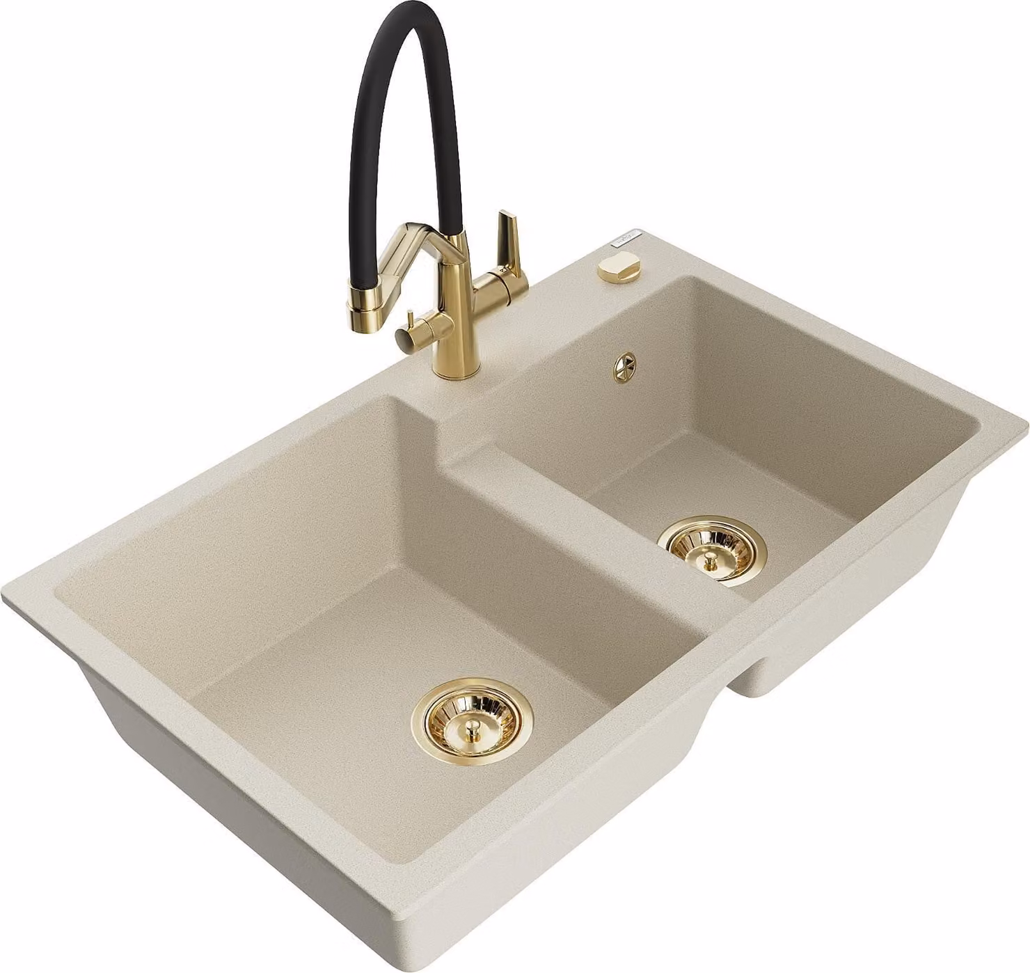 Mexen Tomas lavello da cucina in granito a 2 vasche con miscelatore Duo, beige - 6516-69-671701-57-G