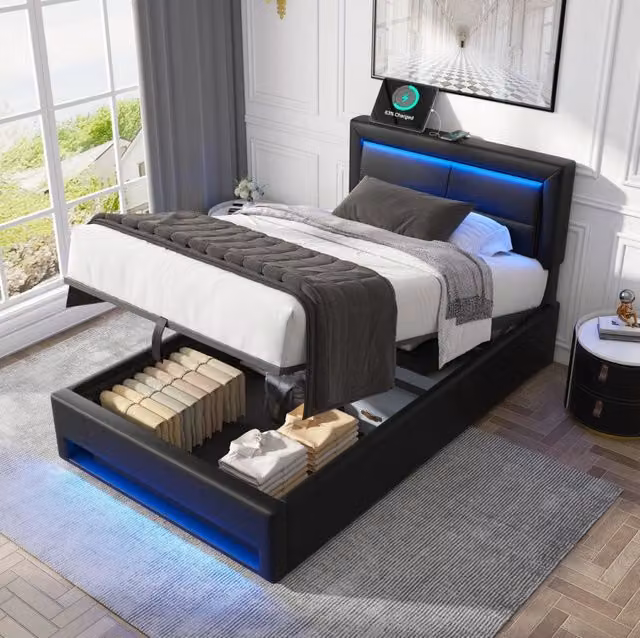 Letto imbottito 90x200 cm in PU nero con USB; LED e contenitore