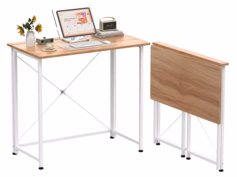 Scrivania per piccoli spazi - Tavolo pieghevole per computer - Struttura in metallo - Piano del tavolo con finitura effetto legno - Rettangolare, dimensioni 80x45x74 cm - Senza rotelle - Colore legno