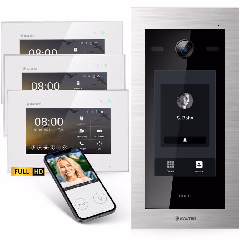 Videocitofono Balter EVO-HD con posto esterno touchscreen, app, casa monofamiliare, 3x monitor da 7 pollici, campanello con telecamera Full HD, bus a 2 fili