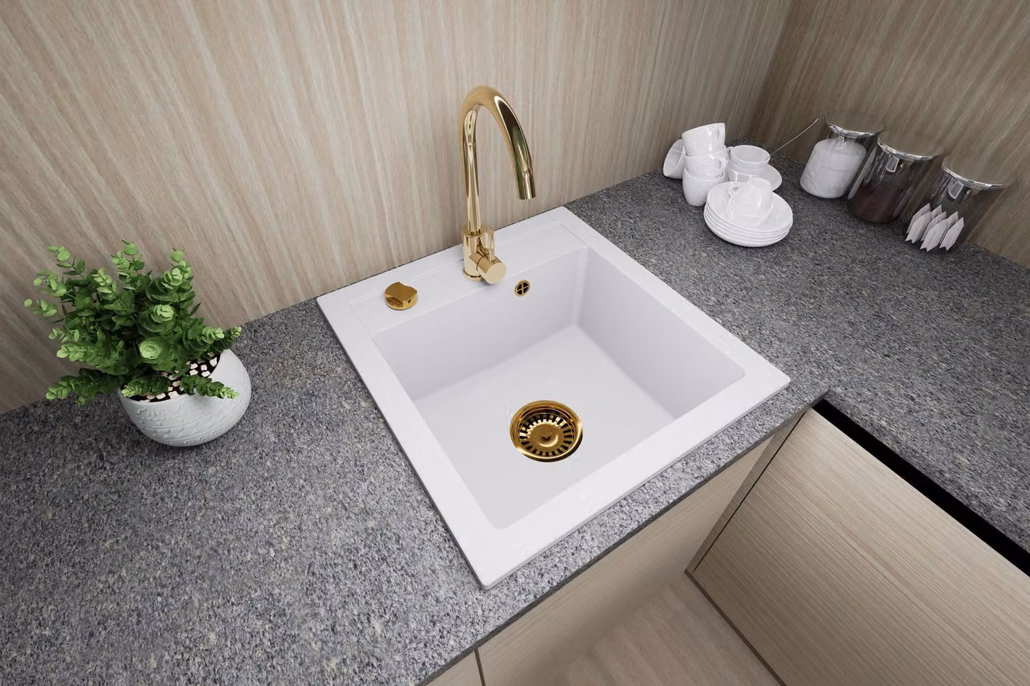 [Lavello in granito 48x50 con rubinetteria bianco oro] Lavello da cucina di alta qualità, installabile su entrambi i lati, angolare, da incasso, in granito, per mobili base a partire da 45 cm, set sifone incluso