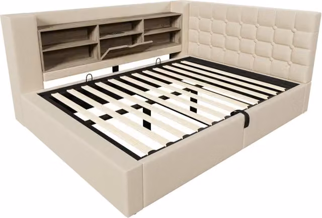 Letto imbottito 140x190 cm con LED, spazio idraulico di stoccaggio e testiera L reversibile in lino beige, senza materasso