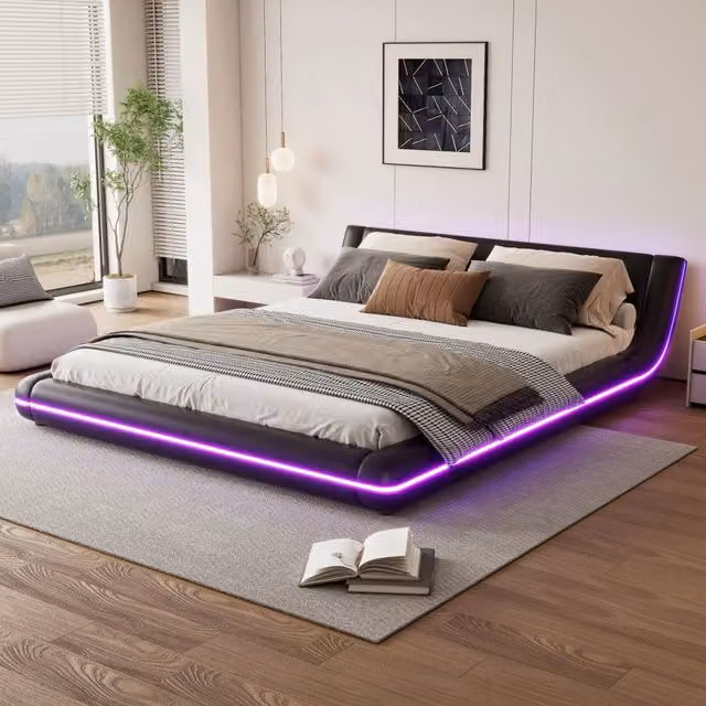 Letto basso 160x200 cm in PU con luce LED ambientale multicolore controllabile via app, struttura in MDF - Nero