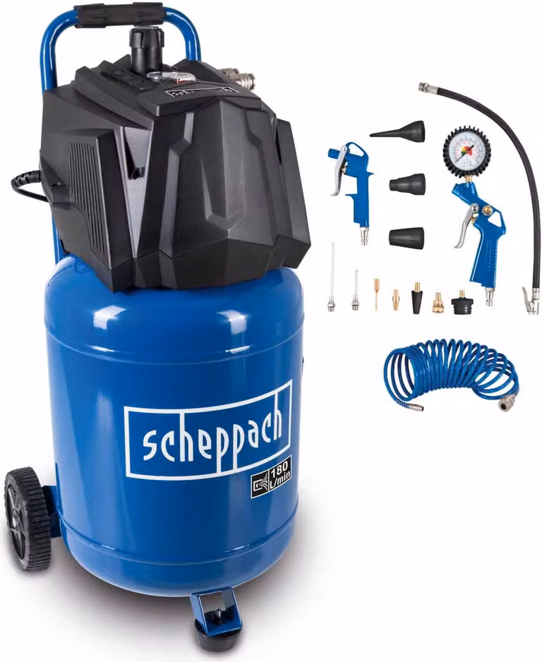 Compressore d'aria verticale Scheppach HC35V incl. tubo flessibile da 10 m e set di accessori | Pressione 10 bar | Serbatoio 30 L | 230V 1500 W | Capacità di aspirazione 180 l/min