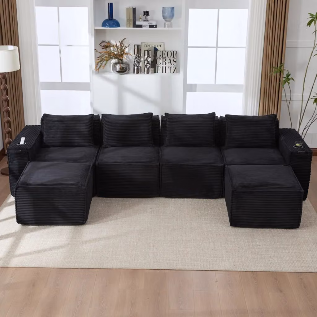 Divano modulare a L da 4 posti WISHDOR in velluto a coste nero con pouf coordinato e portabicchieri L: 330 cm, P: 162 cm, H: 75 cm – 2