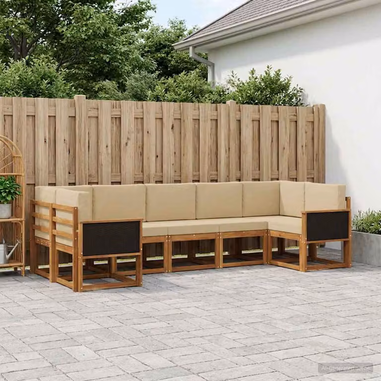 Set di divani da esterno vidaXL a forma di L composto da 7 pezzi in legno di acacia con cuscini, colore beige e marrone
