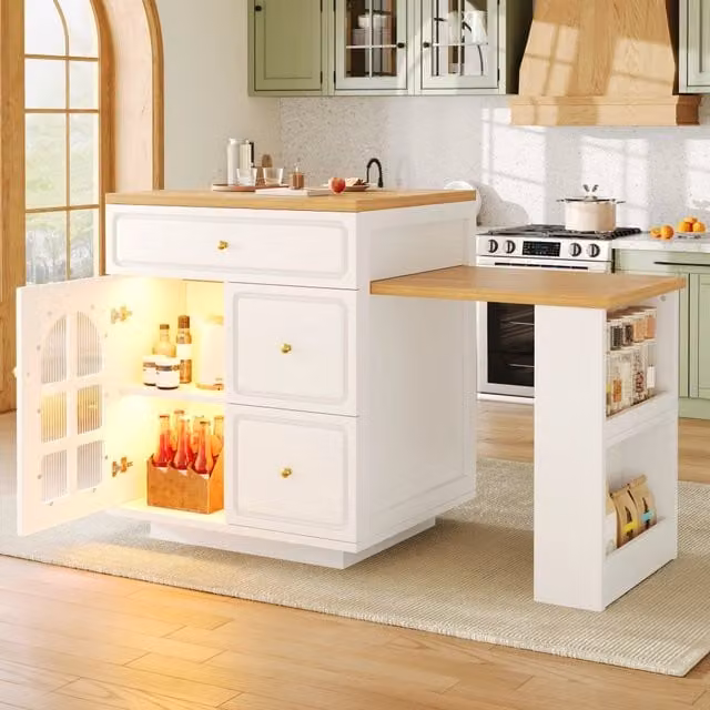 Isola da cucina allungabile 122;5-195;5x59x93;5 cm con LED RGB; MDF bianco