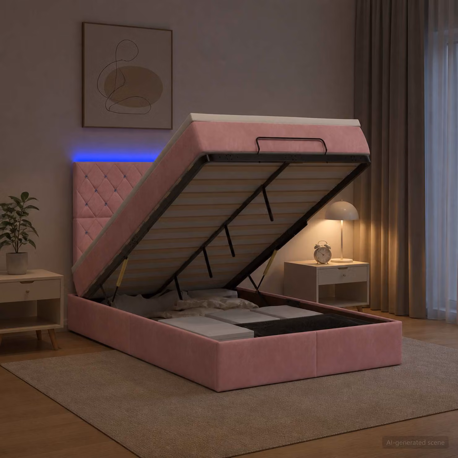 Letto Ottomano con Materasso e Illuminazione LED vidaXL in Velluto Rosa e Bianco, L/P/H: 200 x 120 x 88 cm