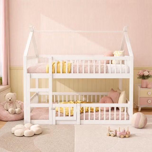 Letto a Castello per Bambini 140x200 cm in Legno Massello Bianco con Scala e Area Multifunzionale