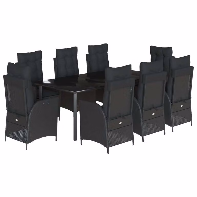 Set da Pranzo da Giardino 9 pz con Cuscini Nero in Polyrattan
