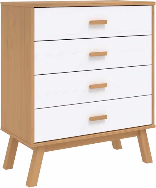 Cassettiera in legno di pino massello in stile scandinavo bianco e marrone L: 76,5 cm, P: 39 cm, H: 90 cm