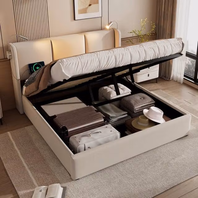 Letto Contenitore Imbottito Matrimoniale con Luce LED e USB ¨C MINIMAL ¨C Tessuto Lino 160x200