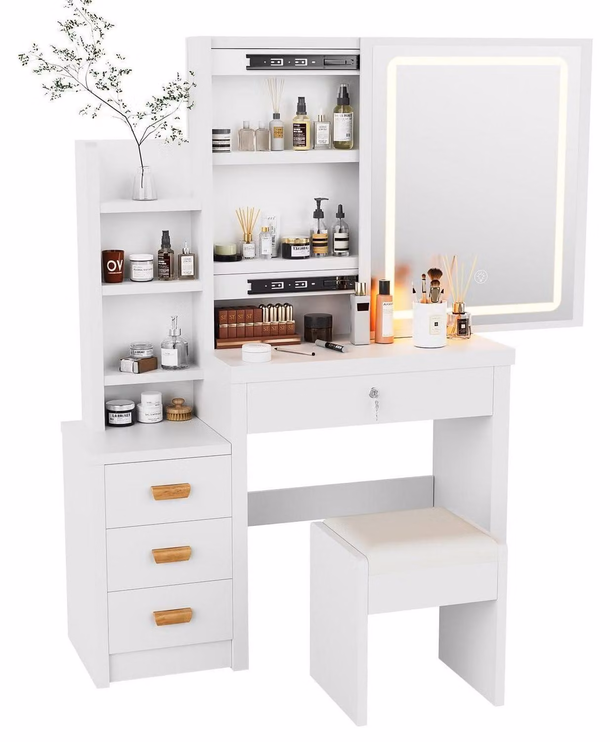 Comò da trucco con specchio e sgabello, illuminazione LED, 3 colori, 4 cassetti, bianco