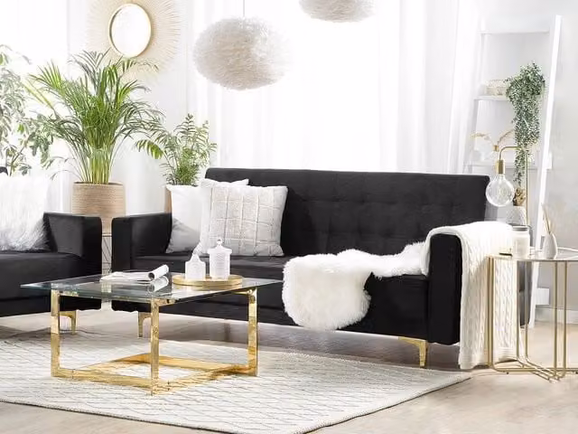 Divano letto Beliani moderno a 3 posti in velluto nero con gambe dorate e funzione click-clack per soggiorno L: 186 cm, P: 83 cm, H: 43 cm