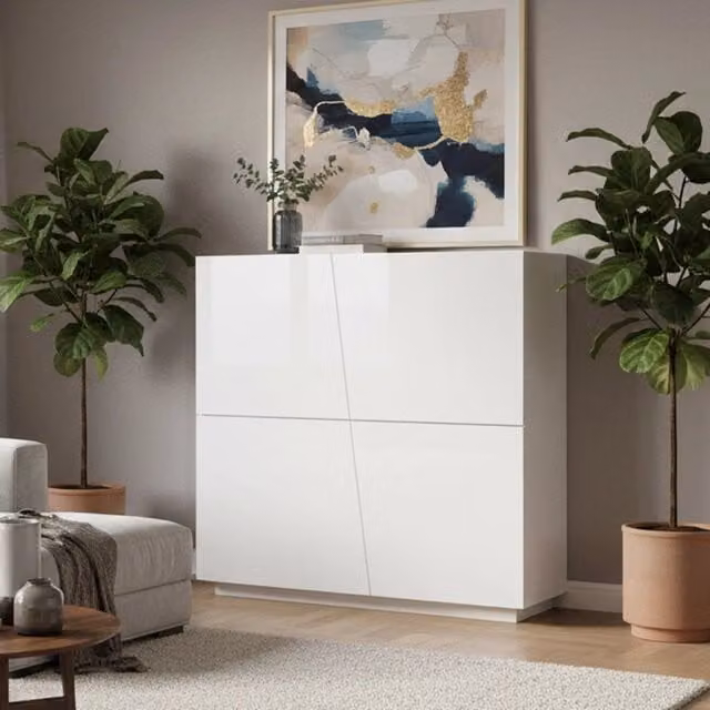 Credenza moderna Abbabbau DMORA con 4 ante e scaffali, Bianco lucido, L: 120 cm, P: 43 cm, H: 126 cm – 1