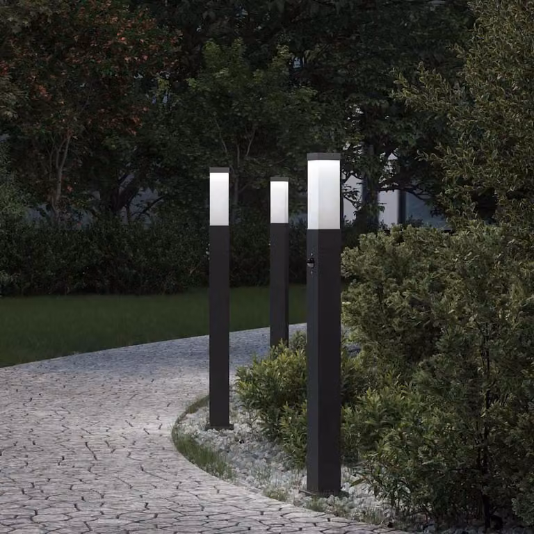 Set di 3 lampioni a paletto vidaXL con sensore di movimento, colore nero, IP44, Altezza: 80 cm