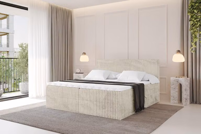 Letto boxspring ALTDECOR - TOLO 200x200 Cord - Crema - Set completo con materasso a molle Bonell e topper, letto imbottito con materasso H3 e contenitori, rete a doghe, letto con contenitore, letto matrimoniale, letto box