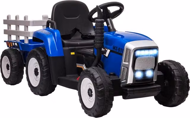 Trattore Elettrico per Bambini con Rimorchio Rimovibile Telecomando Porta USB Musica e Luci Blu