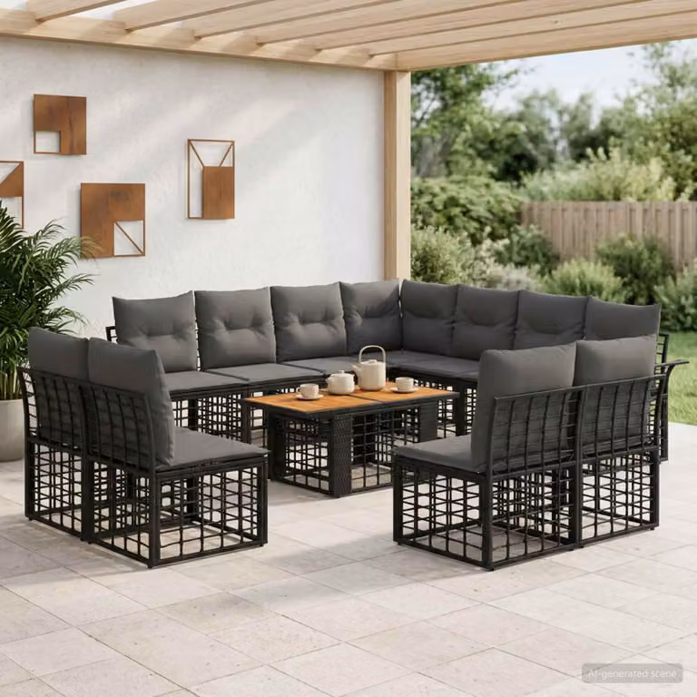 Set Divano da Giardino vidaXL 12 Pezzi in Polyrattan e Legno di Acacia con Cuscini, Colore Nero e Grigio