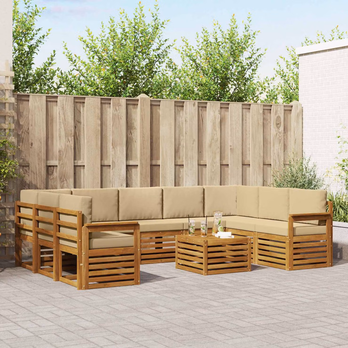 Set di divani da esterno vidaXL a forma di L in legno di acacia con cuscini e tavolino, 10 pezzi, Beige e Marrone