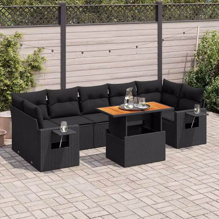 Set Divano da Giardino a L vidaXL in Polyrattan Nero con 8 Cuscini e Tavolino da Esterno