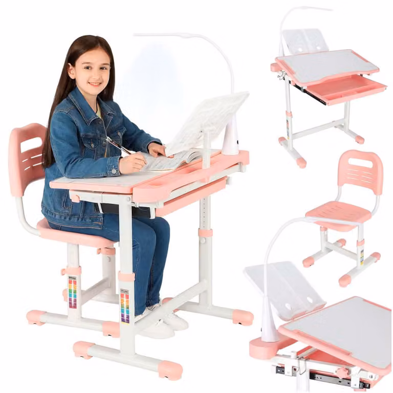 Scrivania regolabile per bambini, sedia, lampada LED USB, colore rosa