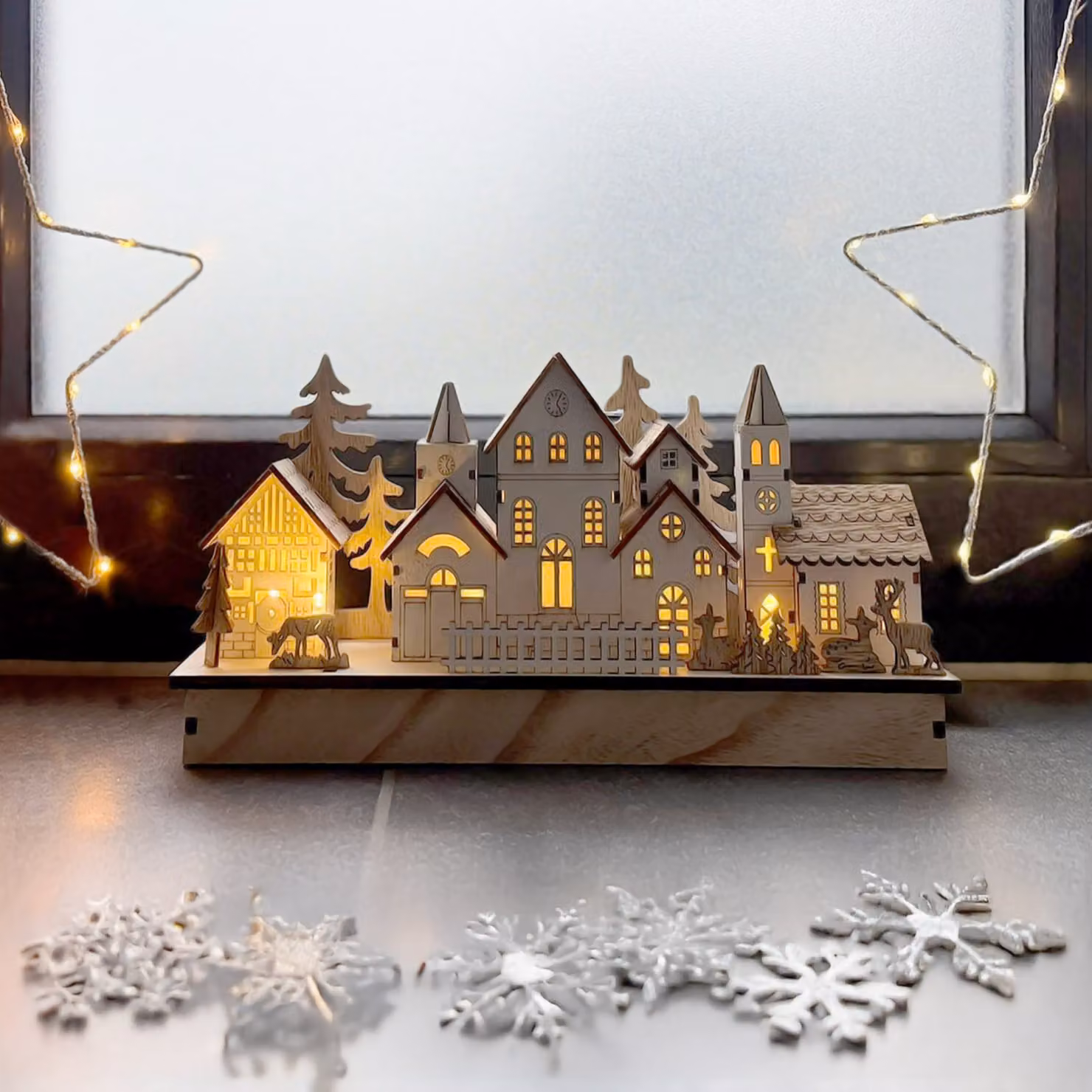 Villaggio invernale a LED - circa 30 x 14 cm - decorazione in legno illuminata per Natale