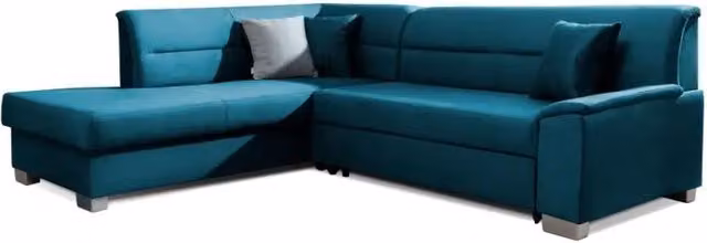 Divano angolare trasformabile MEUBLORAMA blu con effetto velluto, modello a L con angolo sinistro e funzione letto per il tuo soggiorno – 1