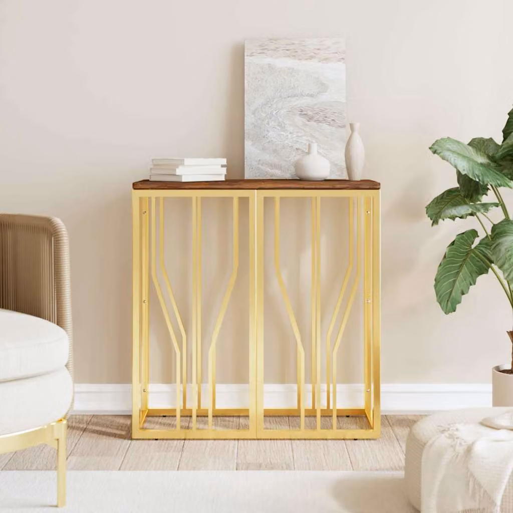 vidaXL Tavolino da Salotto Moderno in Acciaio e Legno Massello di Recupero, Colore Oro, L: 70 cm, P: 30 cm, H: 2,5 cm