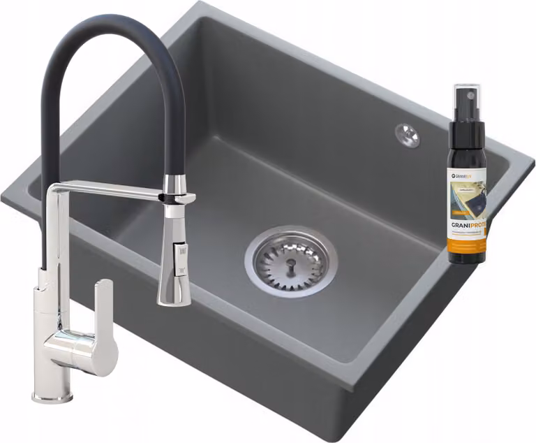 Granitan - Lavello in granito - Lavandino 46x37,5 cm - Lavello grigio - con miscelatore - MANADO