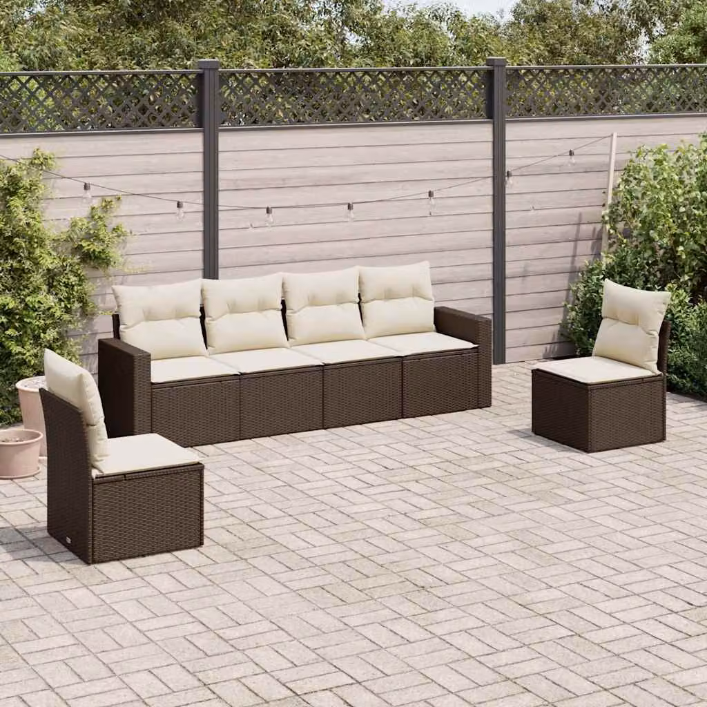 vidaXL Set Divano da Giardino 6 pz a Forma di L in Polyrattan Marrone con Cuscini Bianchi e Struttura in Metallo – 1