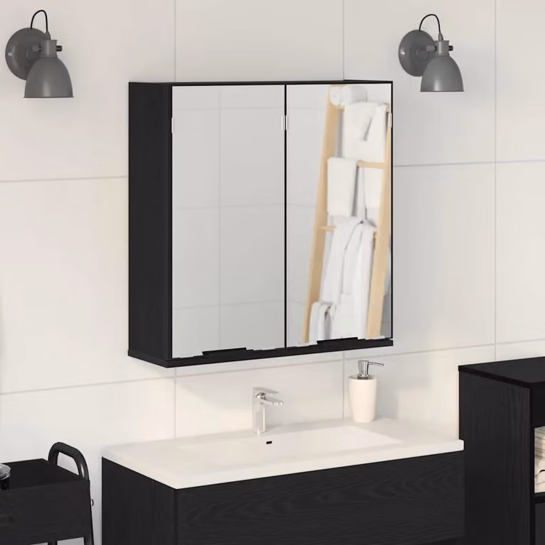 Mobiletto per specchio vidaXL moderno nero con ante a battente e ripiani interni, L: 64 cm, P: 20 cm, H: 67 cm