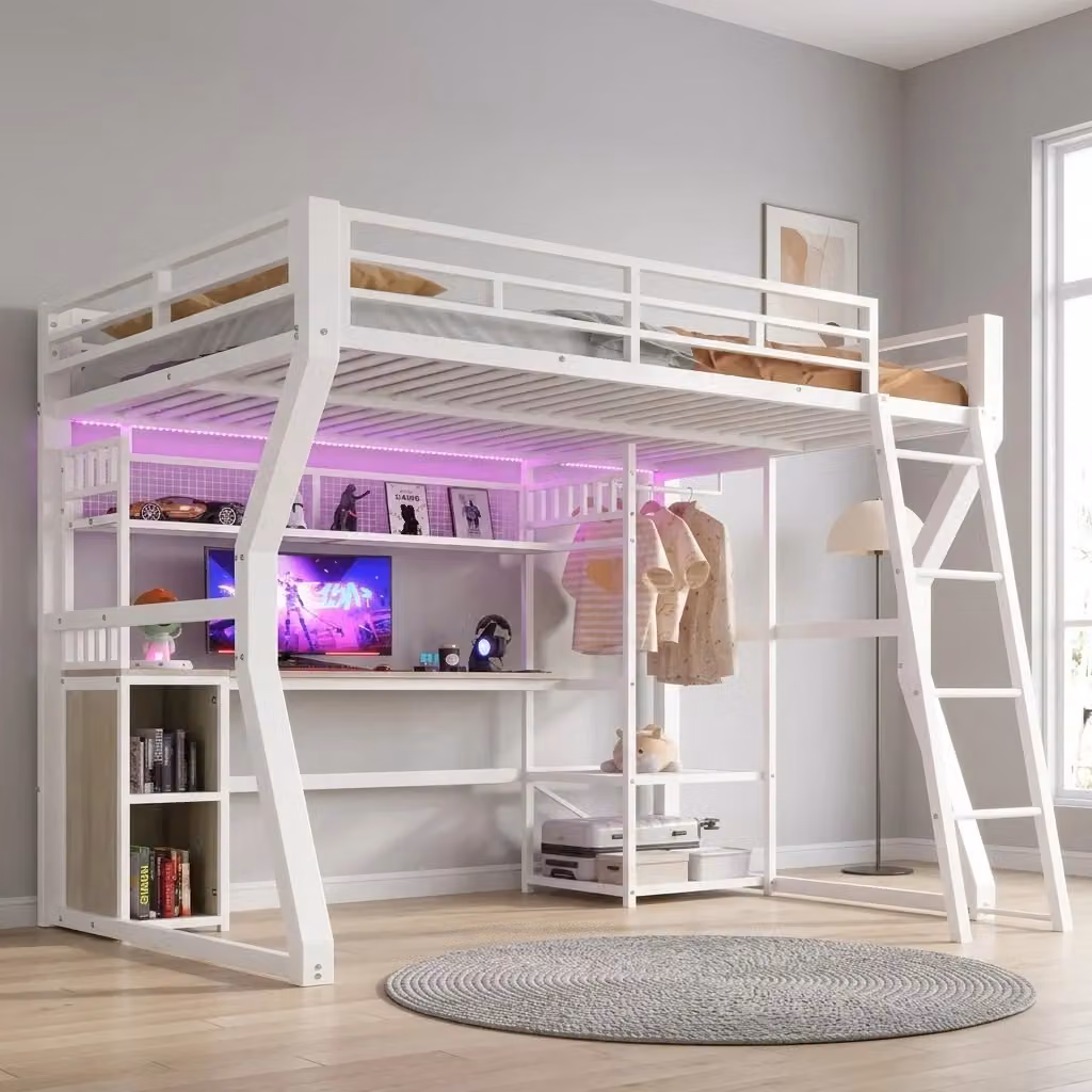Letto a castello REDOM bianco con scrivania, luce integrata e porta USB, L/P/H: 200 x 140 x 181,5 cm – 2