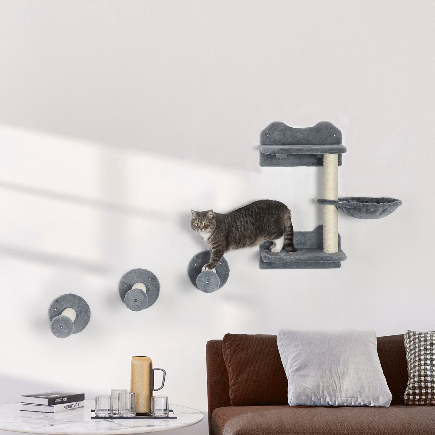 PawHut Tiragraffi per gatti con scala, amaca e gradini da arrampicata, grigio e crema, L 40 x P 28 x H 73 cm – 2