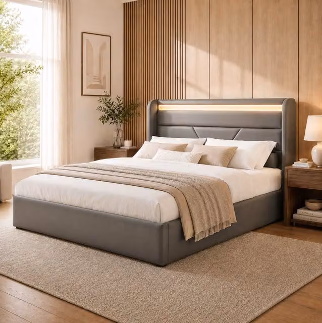 Letto imbottito MODFU con contenitore e illuminazione LED, rivestimento in ecopelle grigia, L/P: 140 x 200 cm