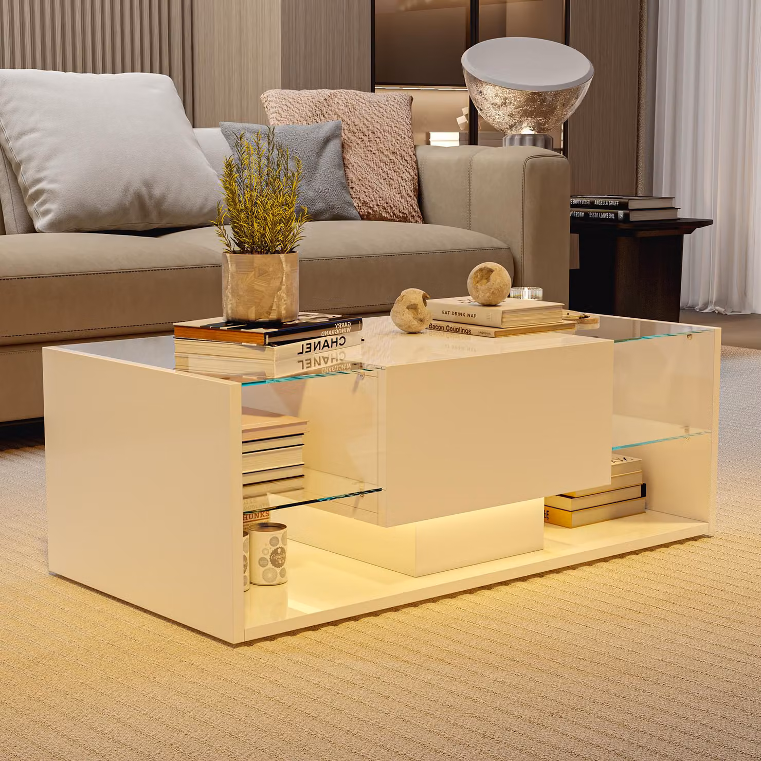 Tavolino Moonbite, 100x50x35 cm – piano sospeso con LED, cassetto e vano, verniciato, bianco