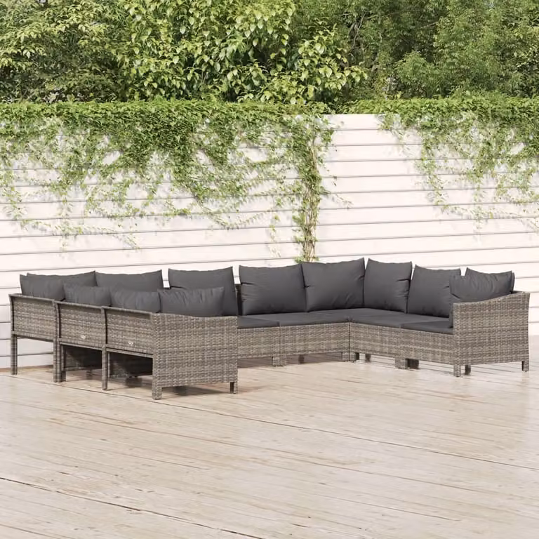 The Living Store Set da 9 pezzi per salotto da giardino con cuscini in poly rattan grigio