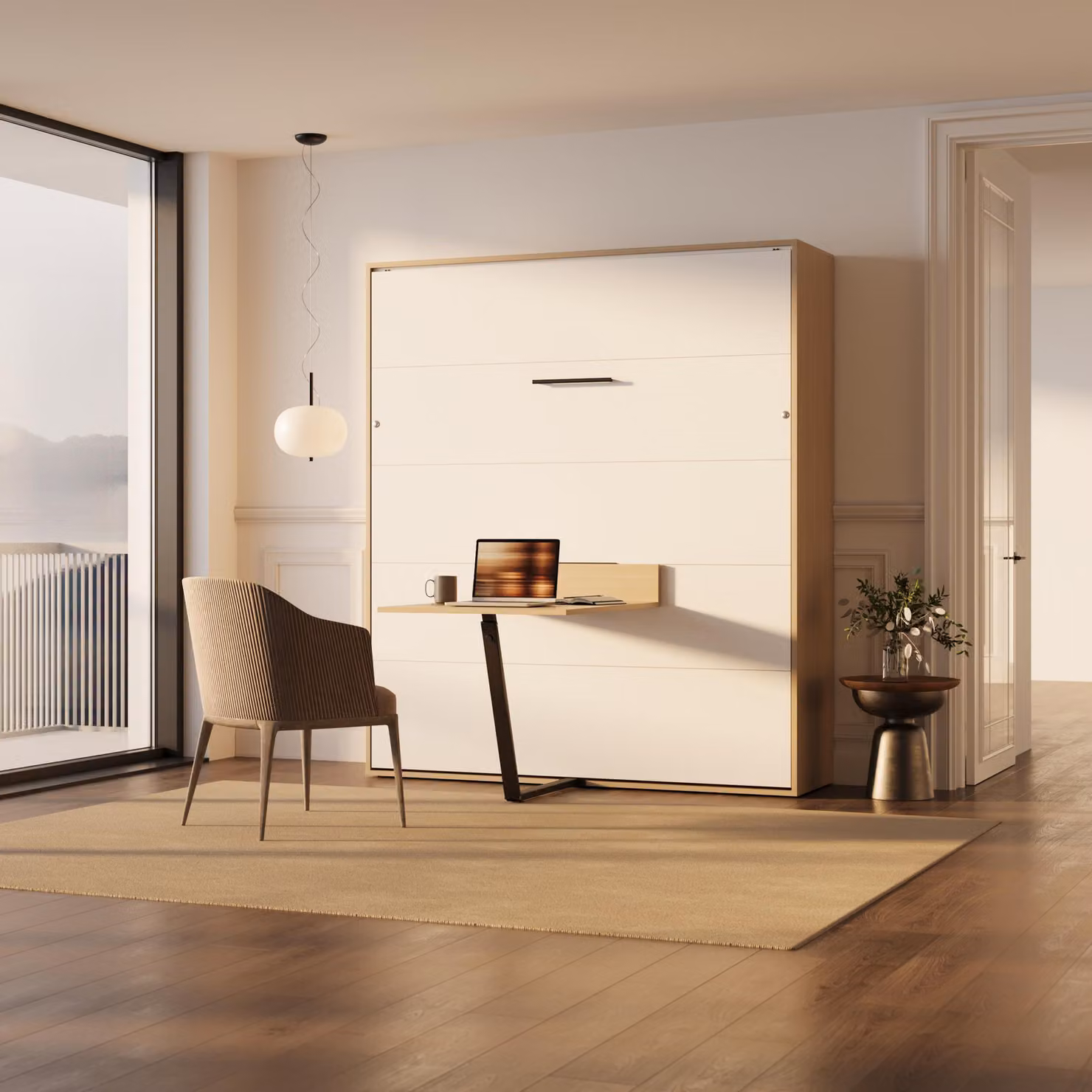 Letto a scomparsa 160x200 verticale M3 profondità 55cm rovere Kaiserberg / bianco incl. tavolo