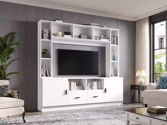 Set mobile TV soggiorno ¨C Minimal ¨C Bianco, 180x35x170cm, con 2 ante, 2 cassetti, 11 ripiani, per TV fino a 60 pollici