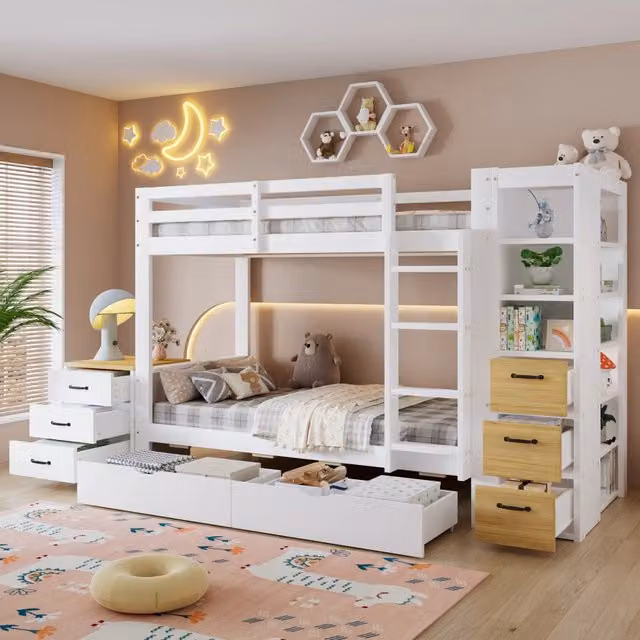 Letto a castello 90 × 200 cm 2 posti con 2 cassetti, scaffale laterale e comodino, senza materassi, bianco naturale