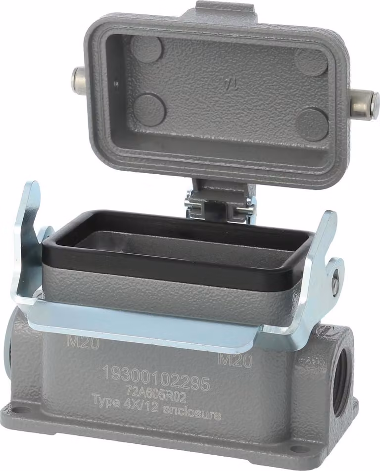 HARTING Han 10B Base bassa, 1xM20 uscita cavo laterale, con 1 staffa longitudinale con cappuccio protettivo in metallo - 1 pezzo